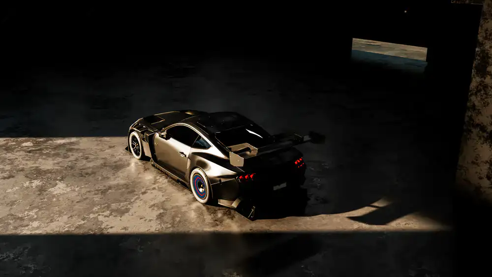 High performance racing car in a neon lit garage