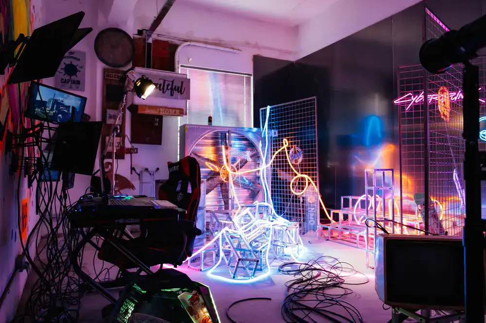 Nitro Rush Games studio workspace with neon accents