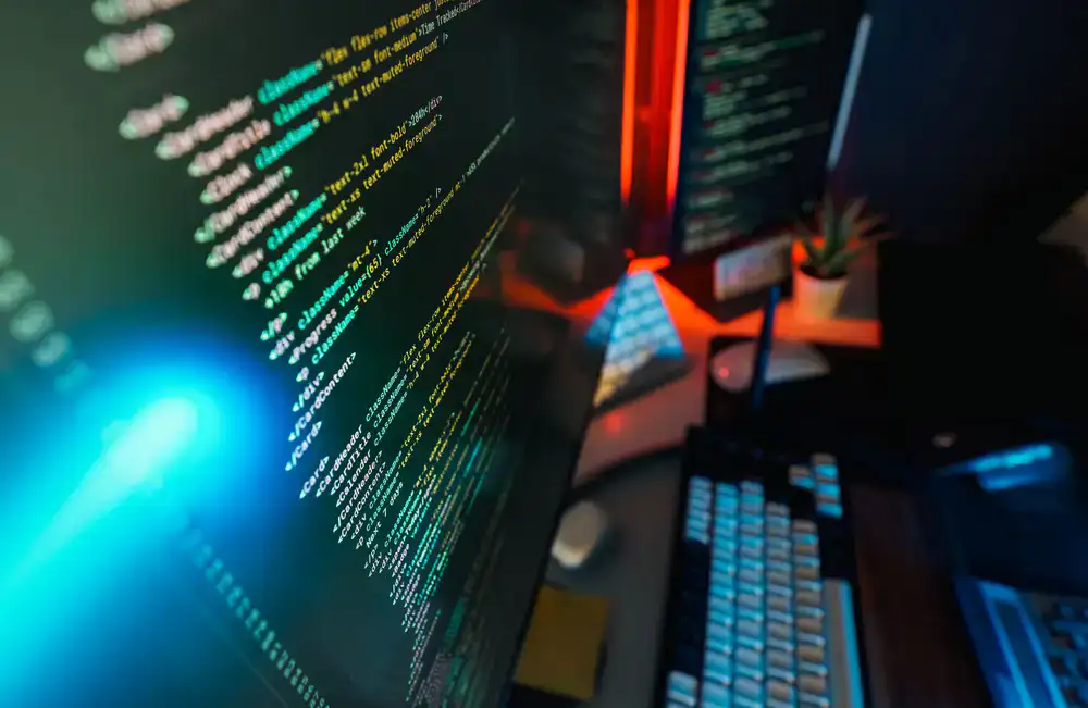 Developer desk setup with neon lighting